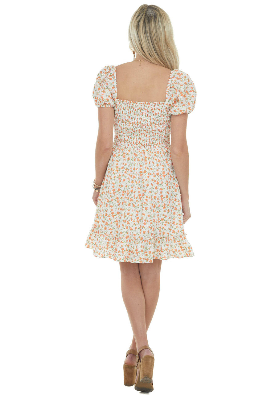 Ivory and Sunset Floral Smocked Short Dress