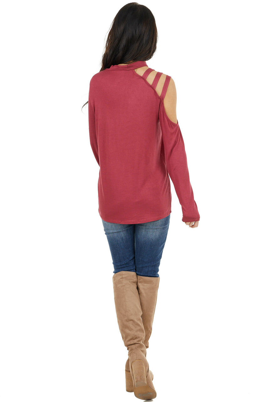 Marsala Long Sleeve Knit Top with One Caged Cold Shoulder