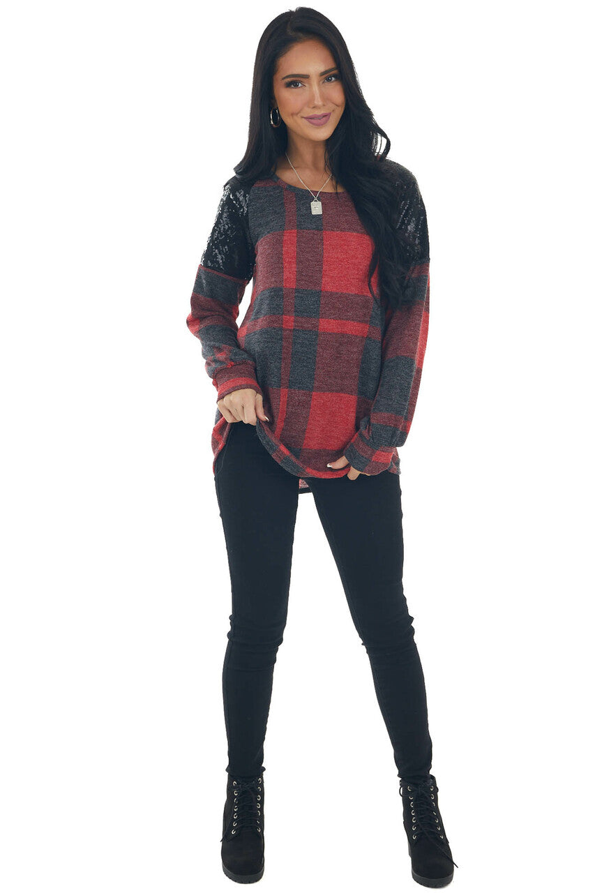Pomegranate Plaid Black Sequin Shoulder Top