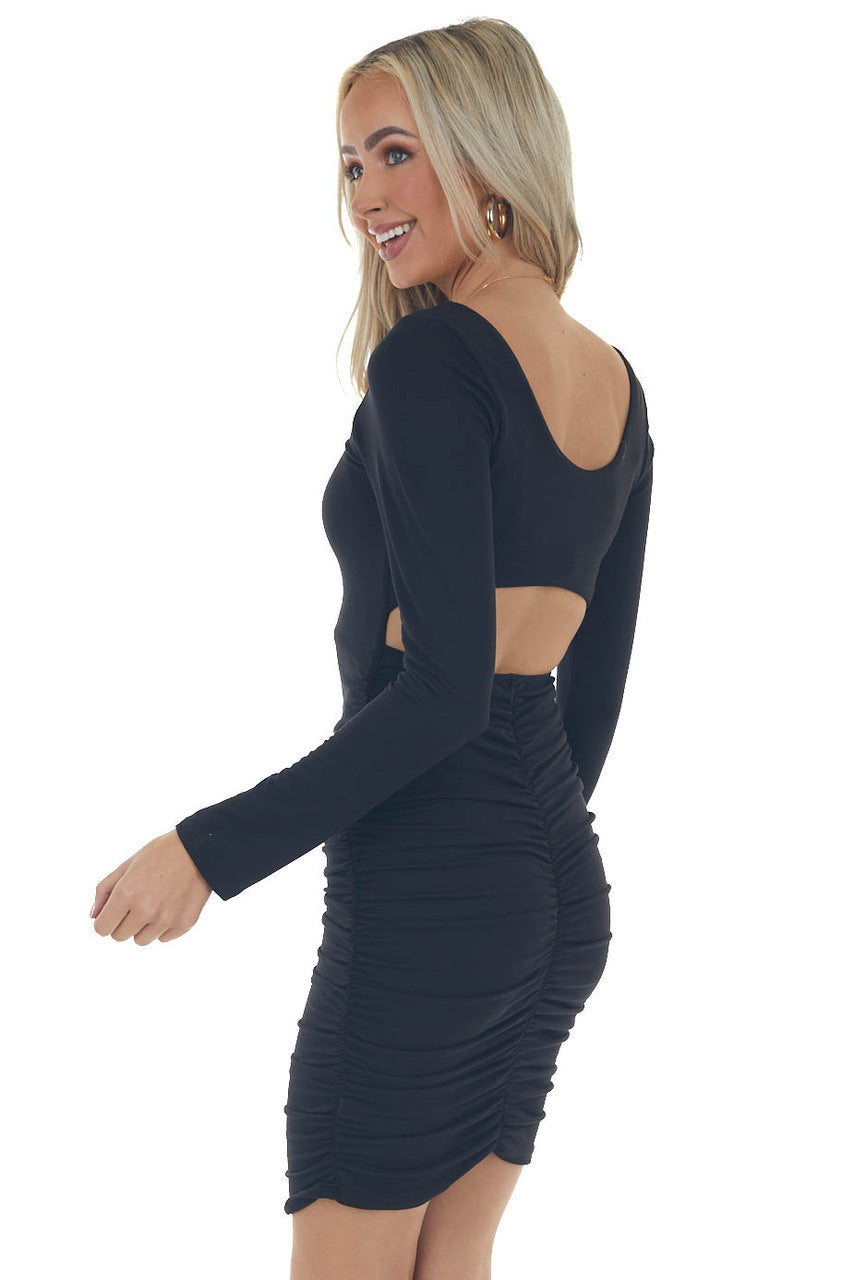Black Open Back Ruched Bodycon Knit Dress