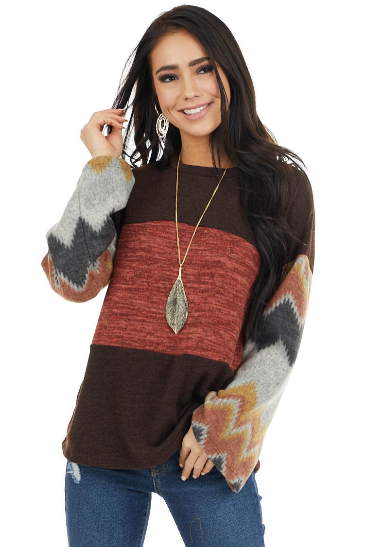 Chocolate Brown and Marsala Knit Top with Aztec Print Sleeve