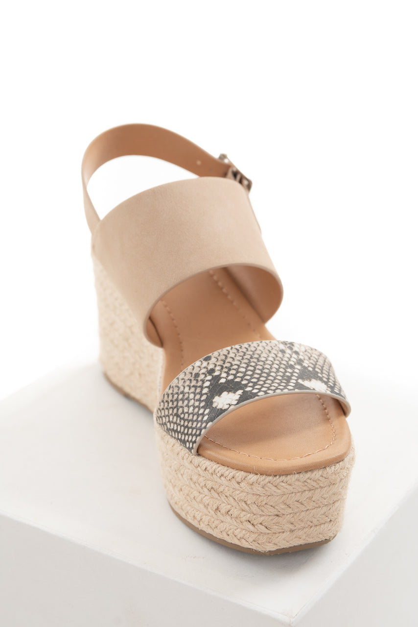 Beige and Snakeskin Print Espadrille Wedge Sandal