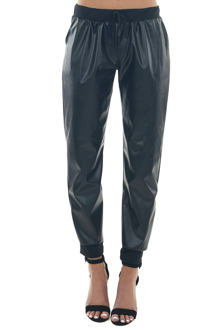 Black Faux Leather Joggers with Side Pockets
