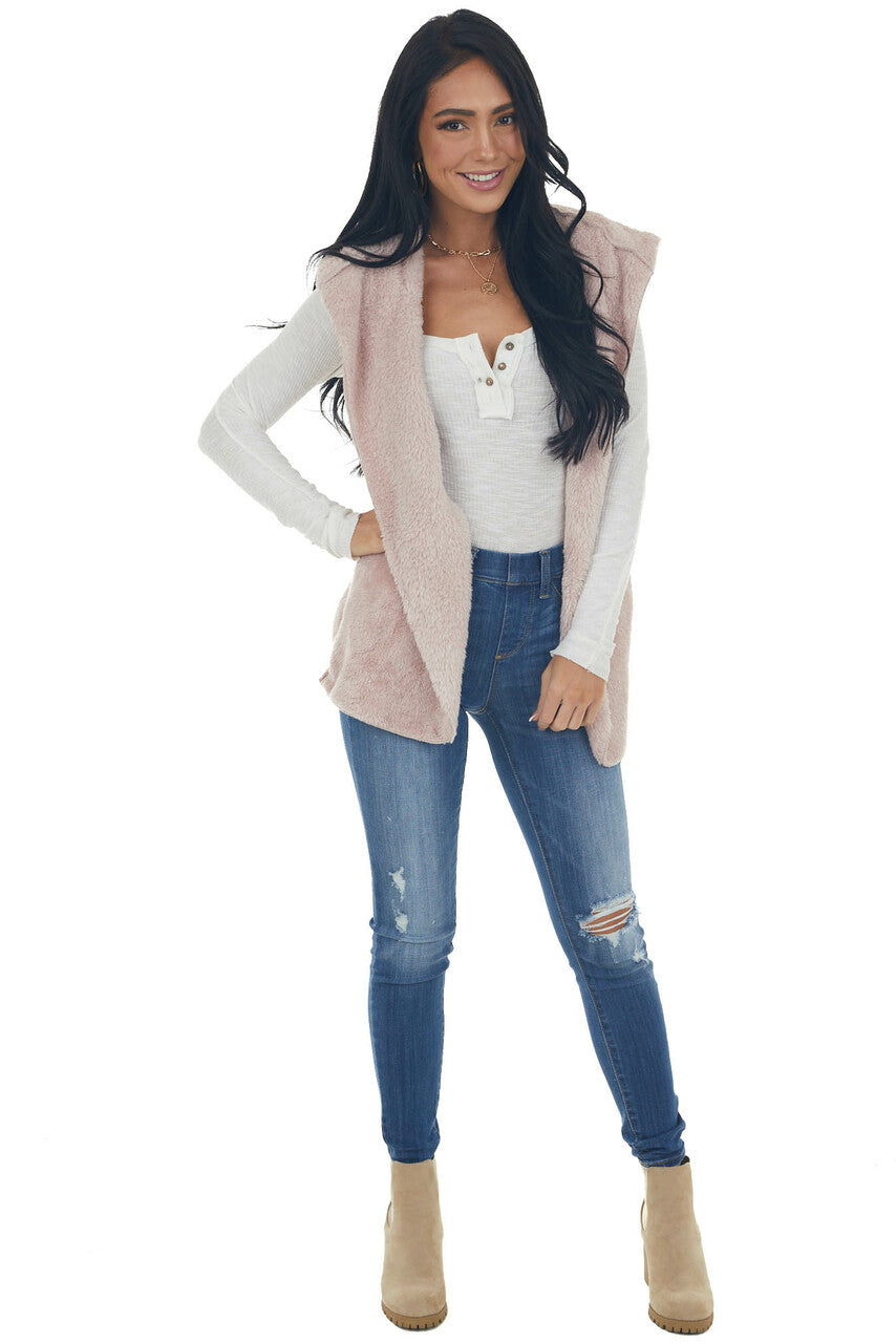Blush Faux Fur Hooded Ribbed Contrast Vest 