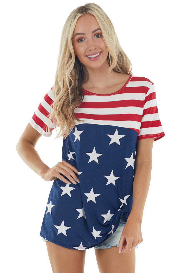 Navy American Flag Print Short Sleeve Knit Top with Twist Front 
