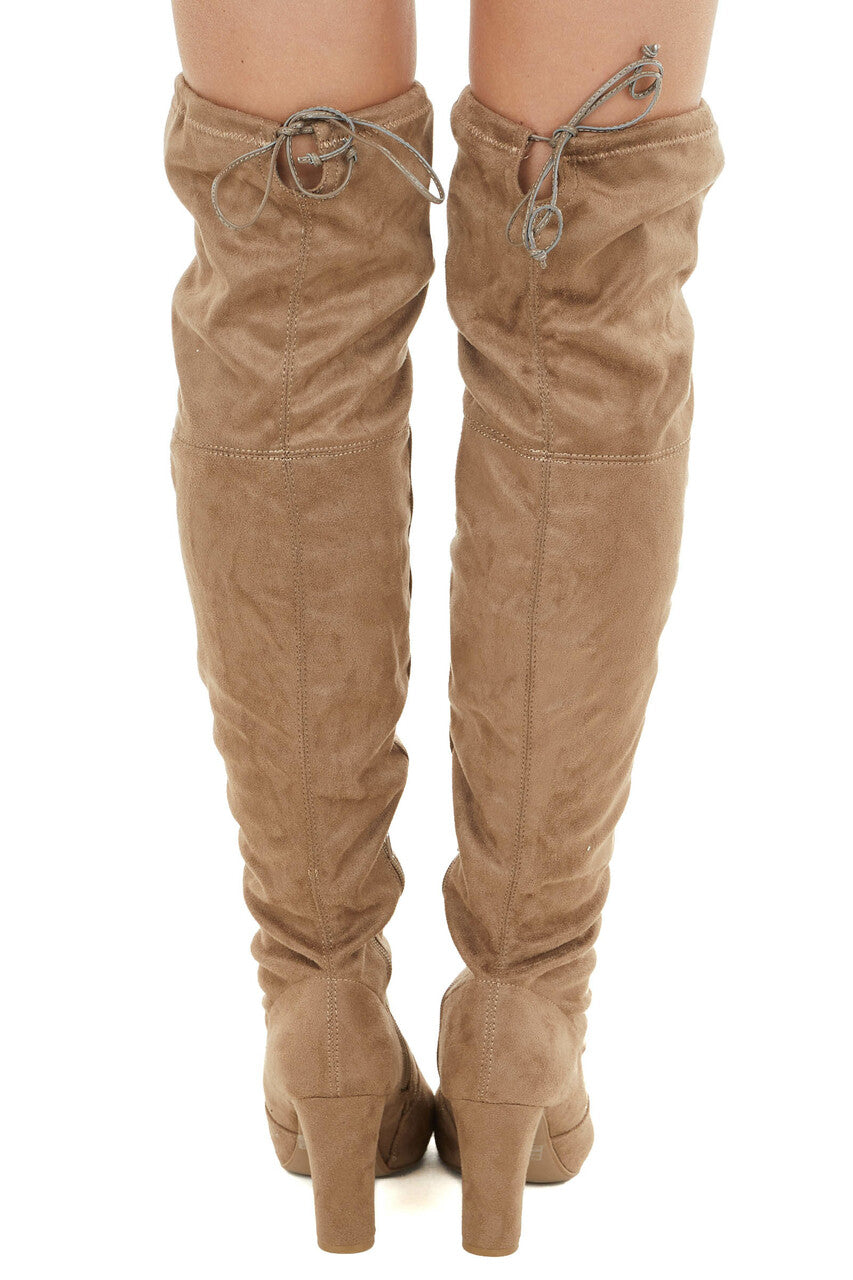 Taupe Faux Suede Above the Knee High Heel Boots with Tie