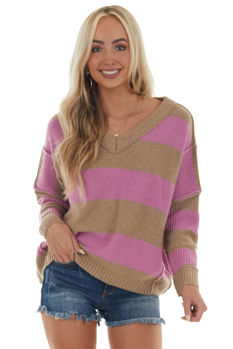 Fuchsia Striped V Neck Ribbed Knit Sweater