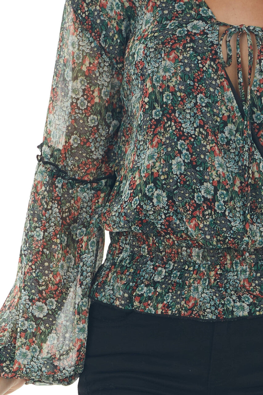 Black Floral Print Surplice Blouson Woven Top 