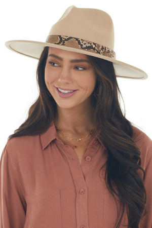 Latte Wide Brim Wool Hat with Faux Snakeskin Trim Detail