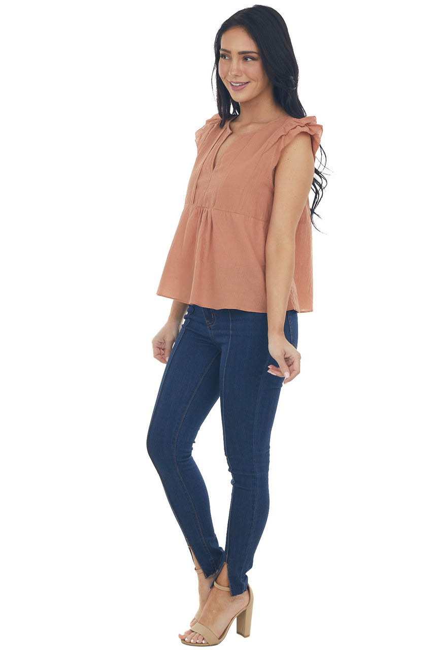 Cognac Cap Sleeve Notch Neckline Top with Pintuck Detail