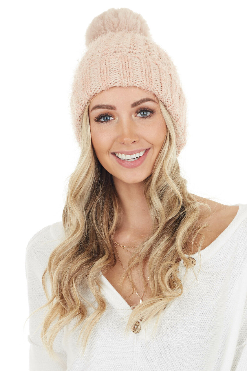 Peach and Coral Two Toned Soft Beanie with Pom Pom Detail