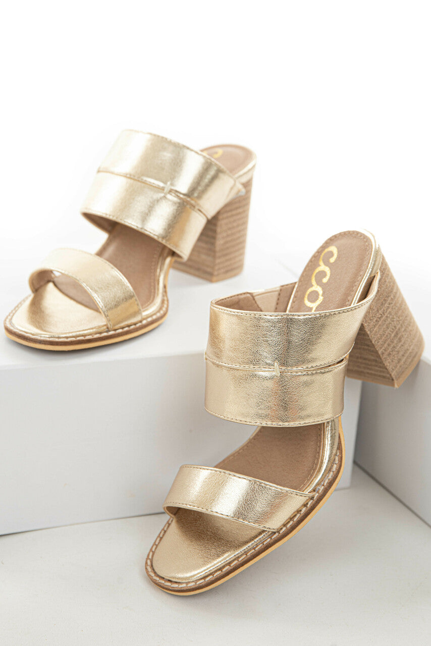 Shiny Gold Faux Leather Open Toe Heeled Mules
