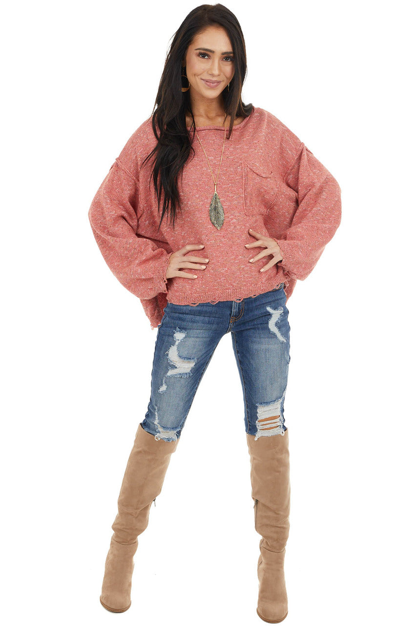 Faded Red Multicolor Long Sleeve Distressed Sweater