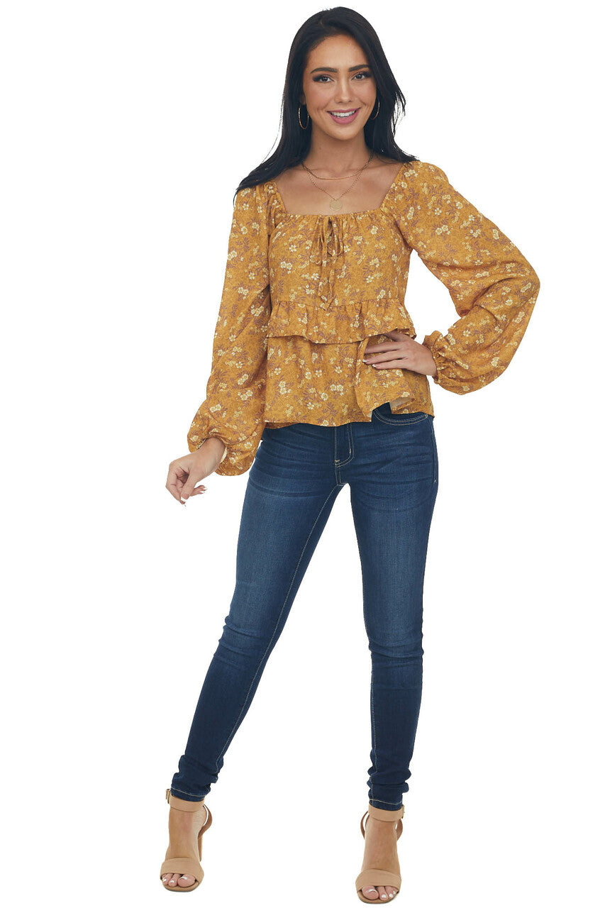 Marigold Floral Print Bubble Sleeve Blouse