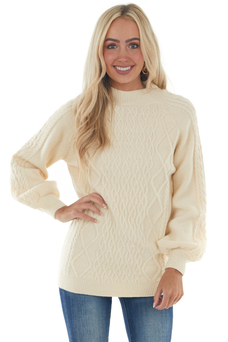 Cream Long Puff Sleeve Cable Knit Sweater