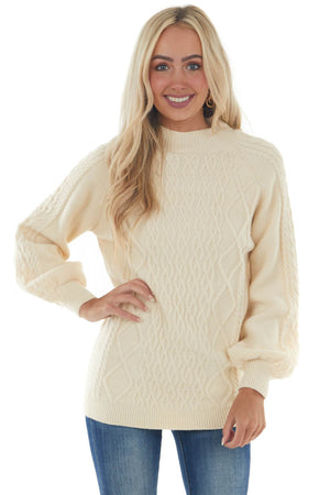 Cream Long Puff Sleeve Cable Knit Sweater