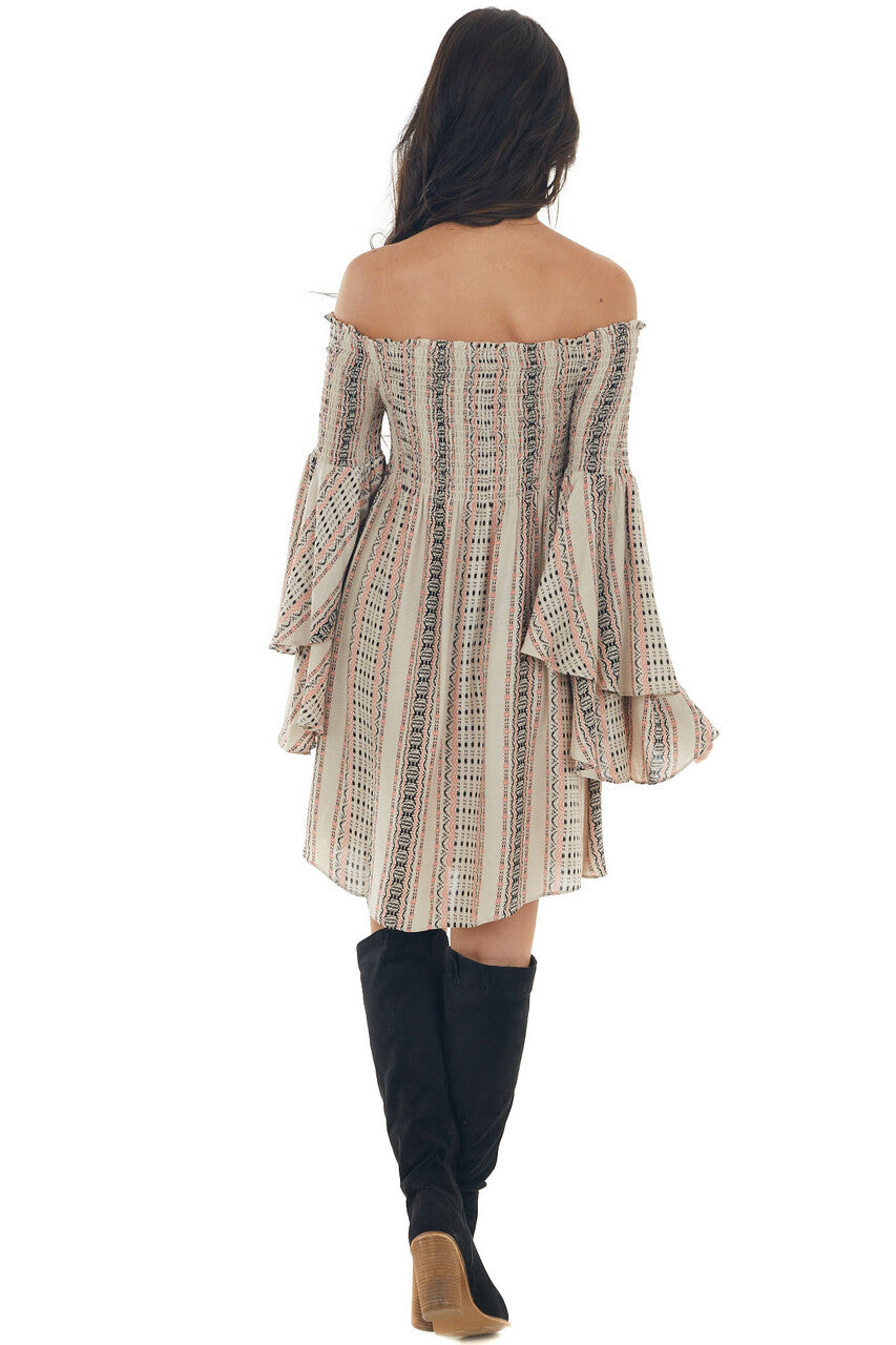 Coral Striped Off the Shoulder Smocked Dress 