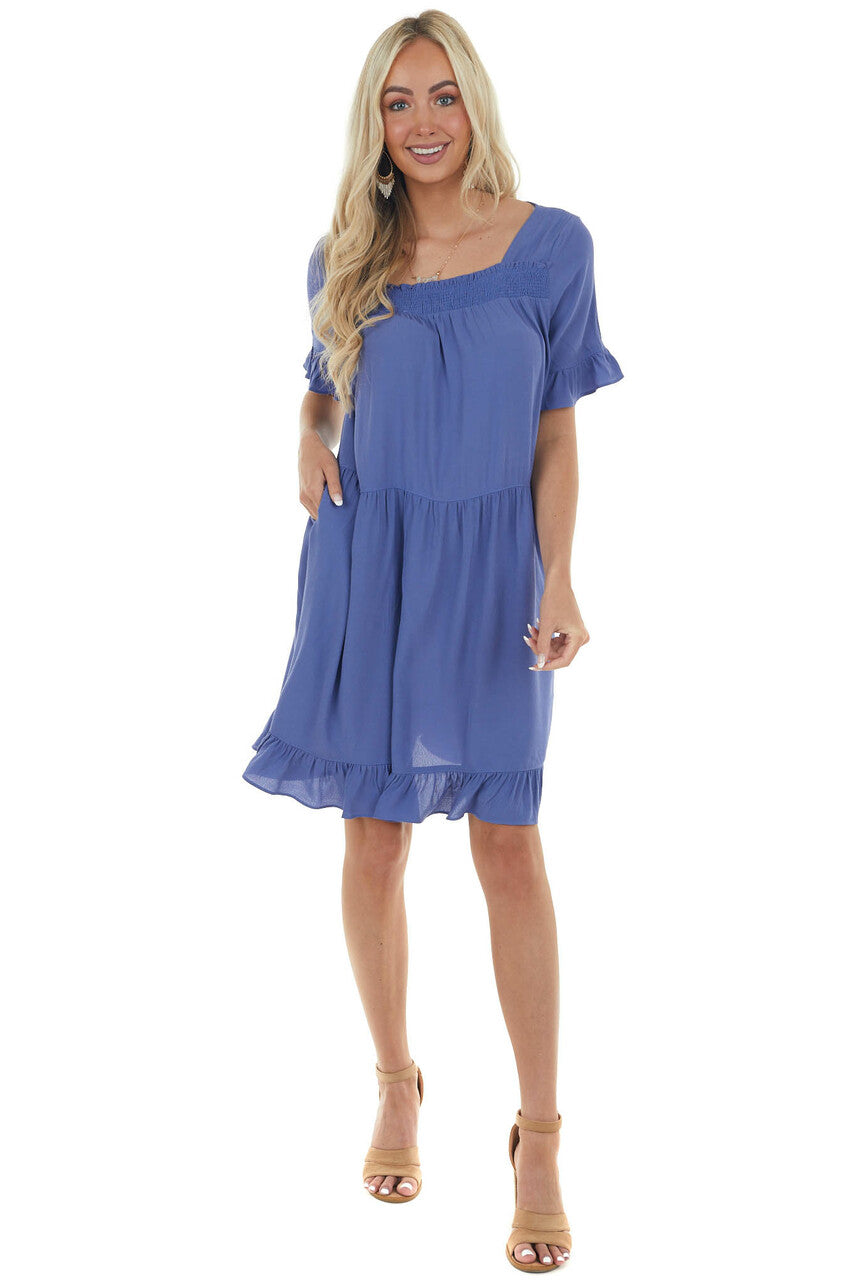 Deep Dusty Blue Square Neck Tiered Short Dress