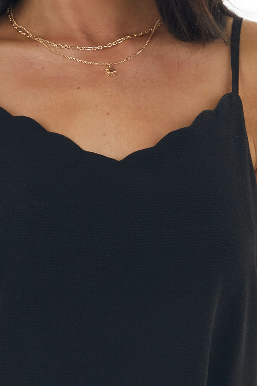 Black Sleeveless Tank Top with Scalloped Neckline