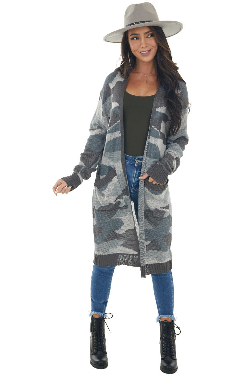 Steel Grey Camo Print Stretchy Knit Cardigan 
