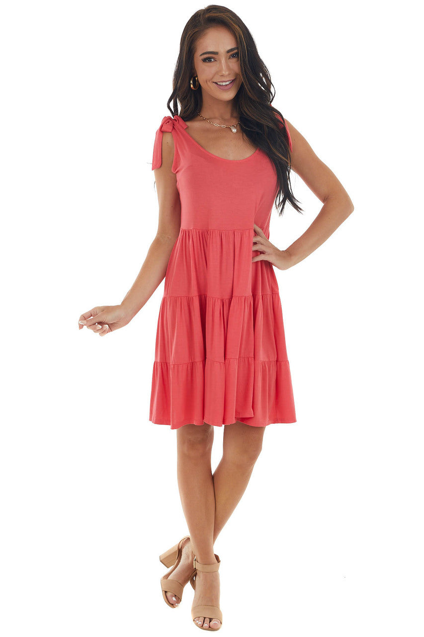 Watermelon Tiered Tie Strap Knit Short Dress 