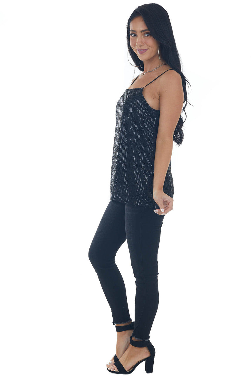 Black Sequin Square Neck Adjustable Strap Tank 