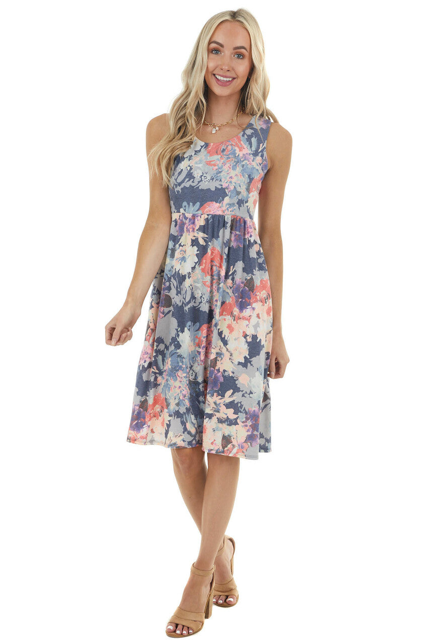 Navy Floral Print Drop Waist Sleeveless Short Knit Dress