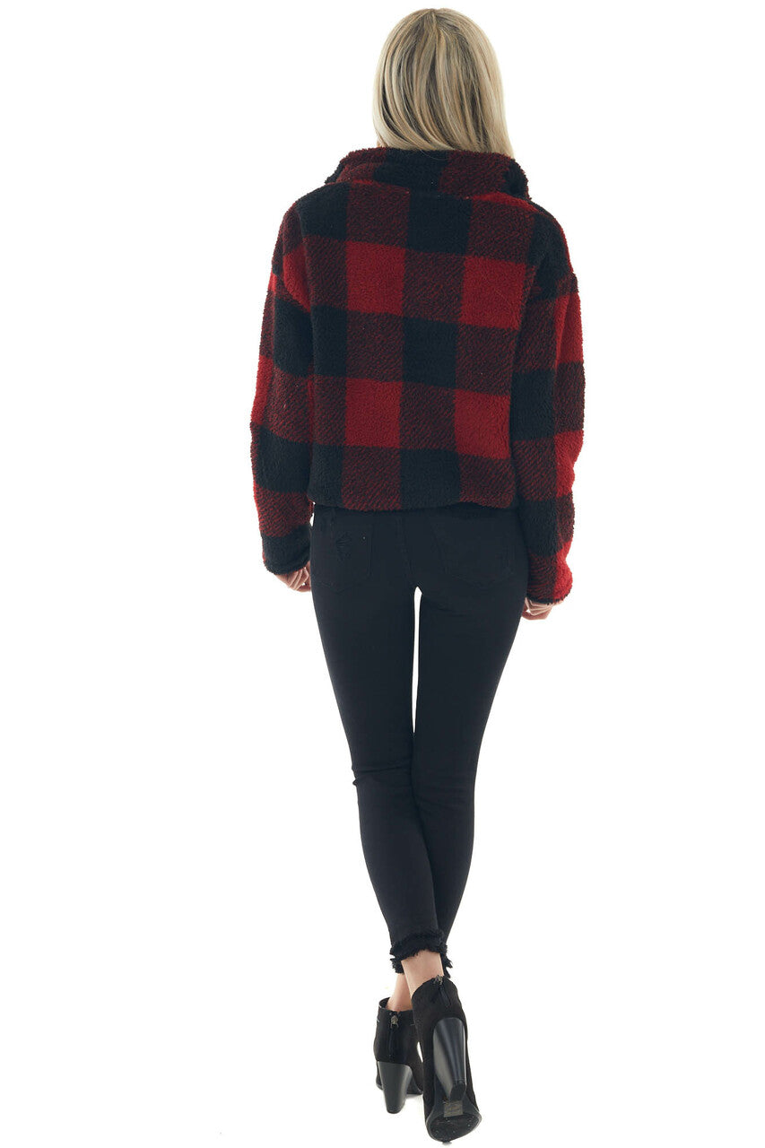 Cranberry Buffalo Plaid Sherpa Pullover Jacket