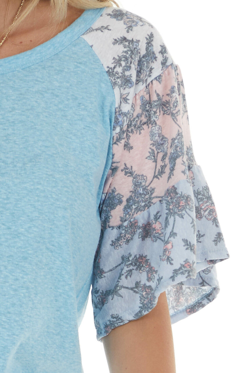 Azure and Floral Print Sleeve Raglan Top