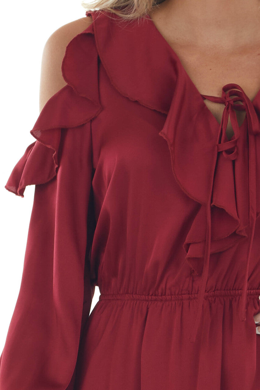 Maroon Red Cold Shoulder V Neck Short Dress 