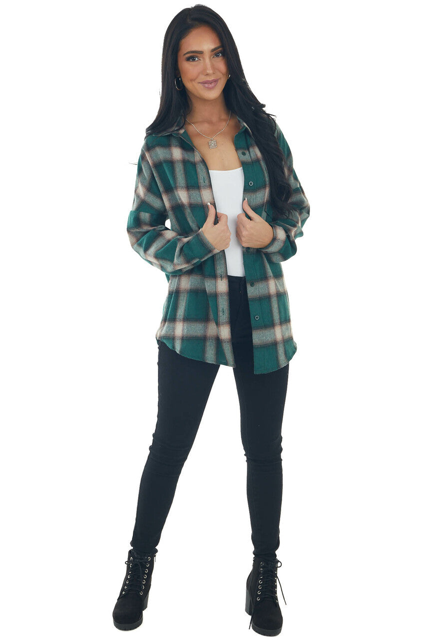 Forest Green Plaid Button Up Long Sleeve Top