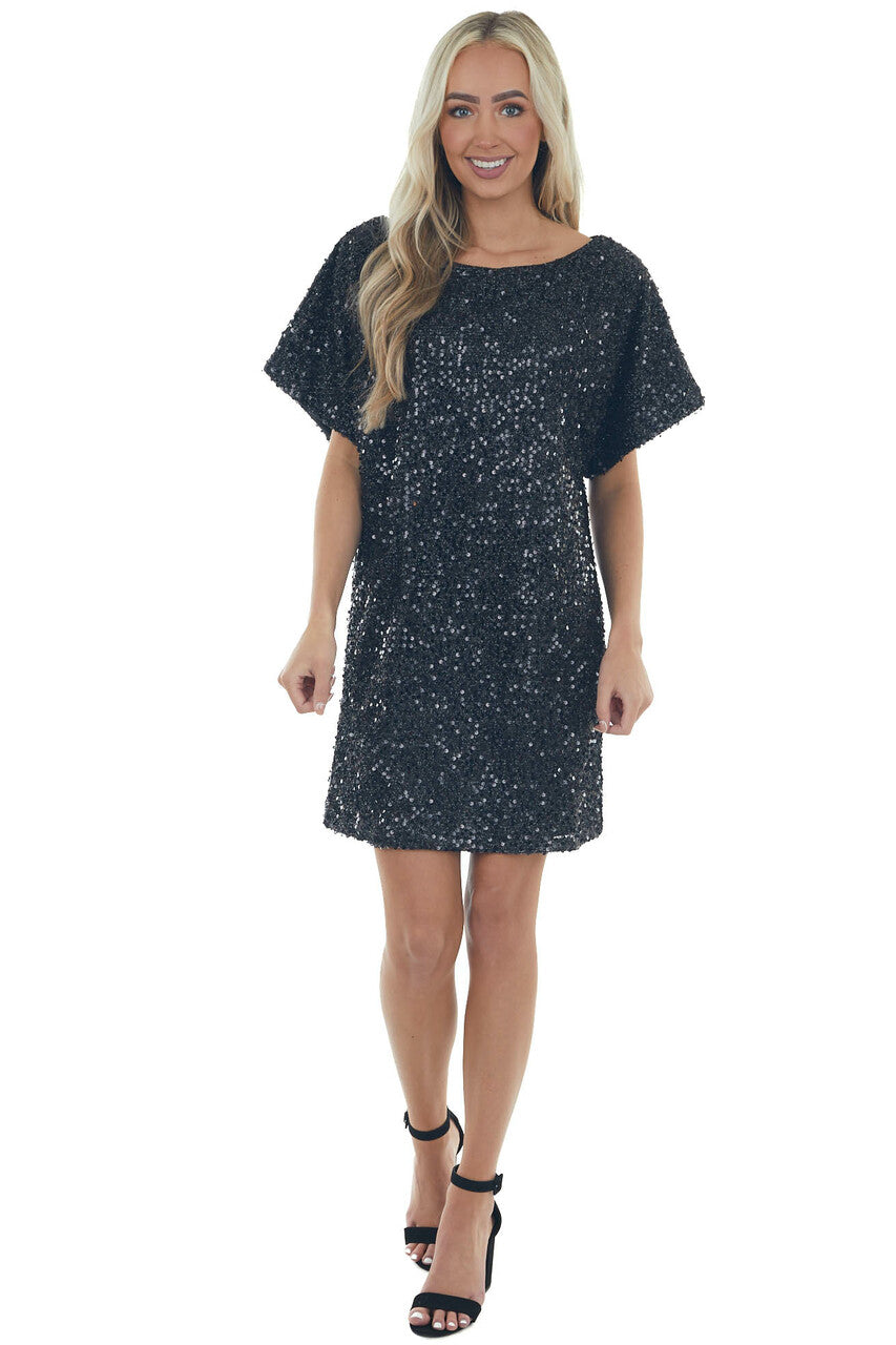 Black Sequined Short Flowy Sleeve Shift Dress