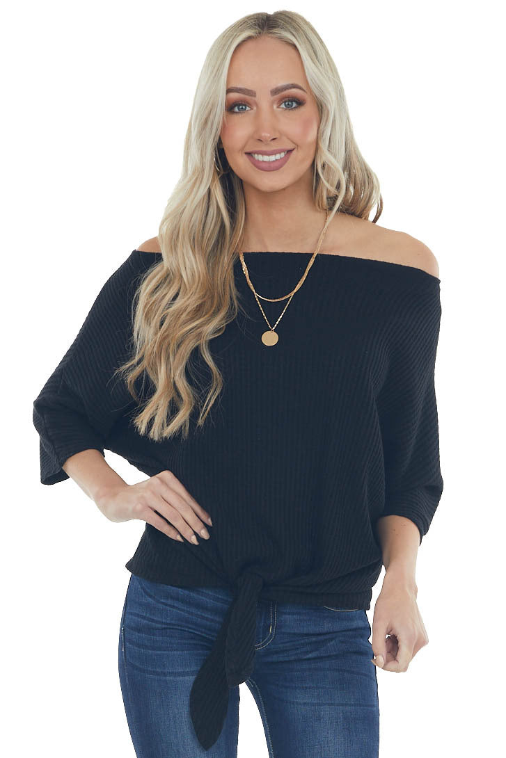 Black Waffle Knit Boat Neck Top with Tie