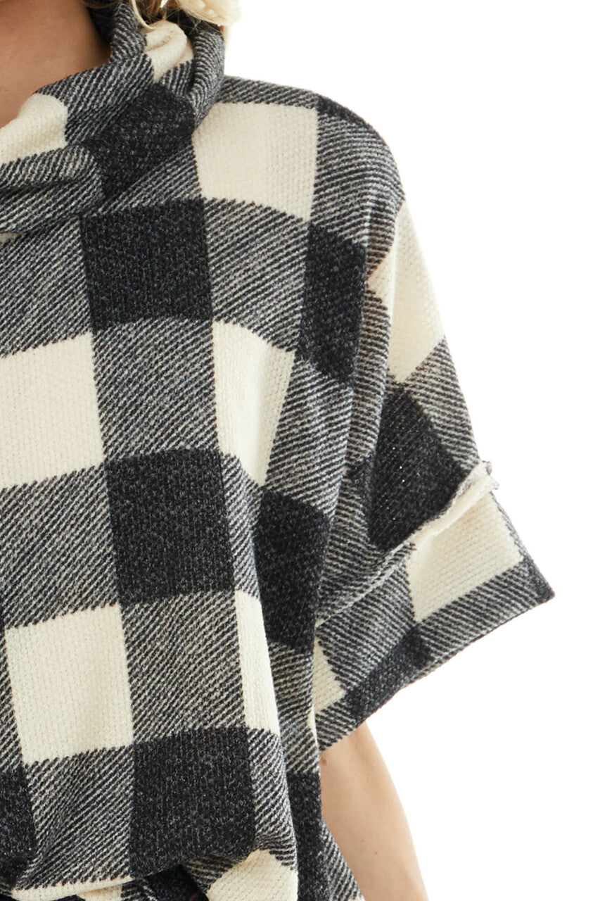 Charcoal and Cream Buffalo Plaid Oversize Top with Cowl Neck 