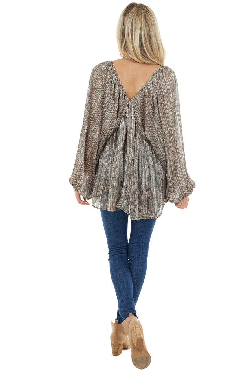 Forest Green Floral Print Long Puff Sleeve Babydoll Top