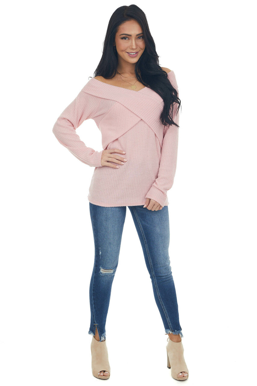 Bubblegum Criss Cross Brushed Waffle Knit Top