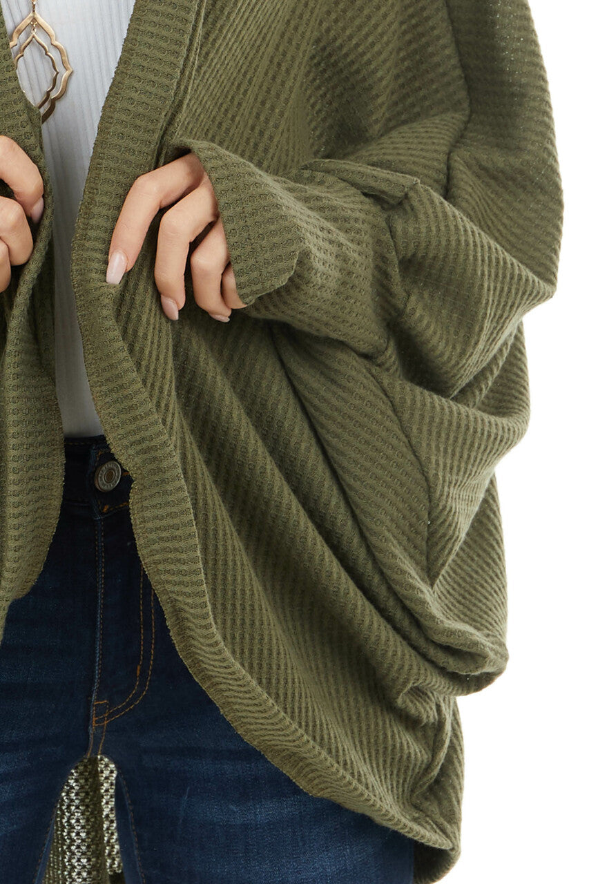 Olive Waffle Knit Open Front Cardigan with Dolman Sleeves