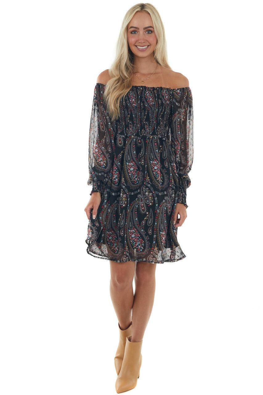 Black Paisley Print Smocked Woven Short Dress