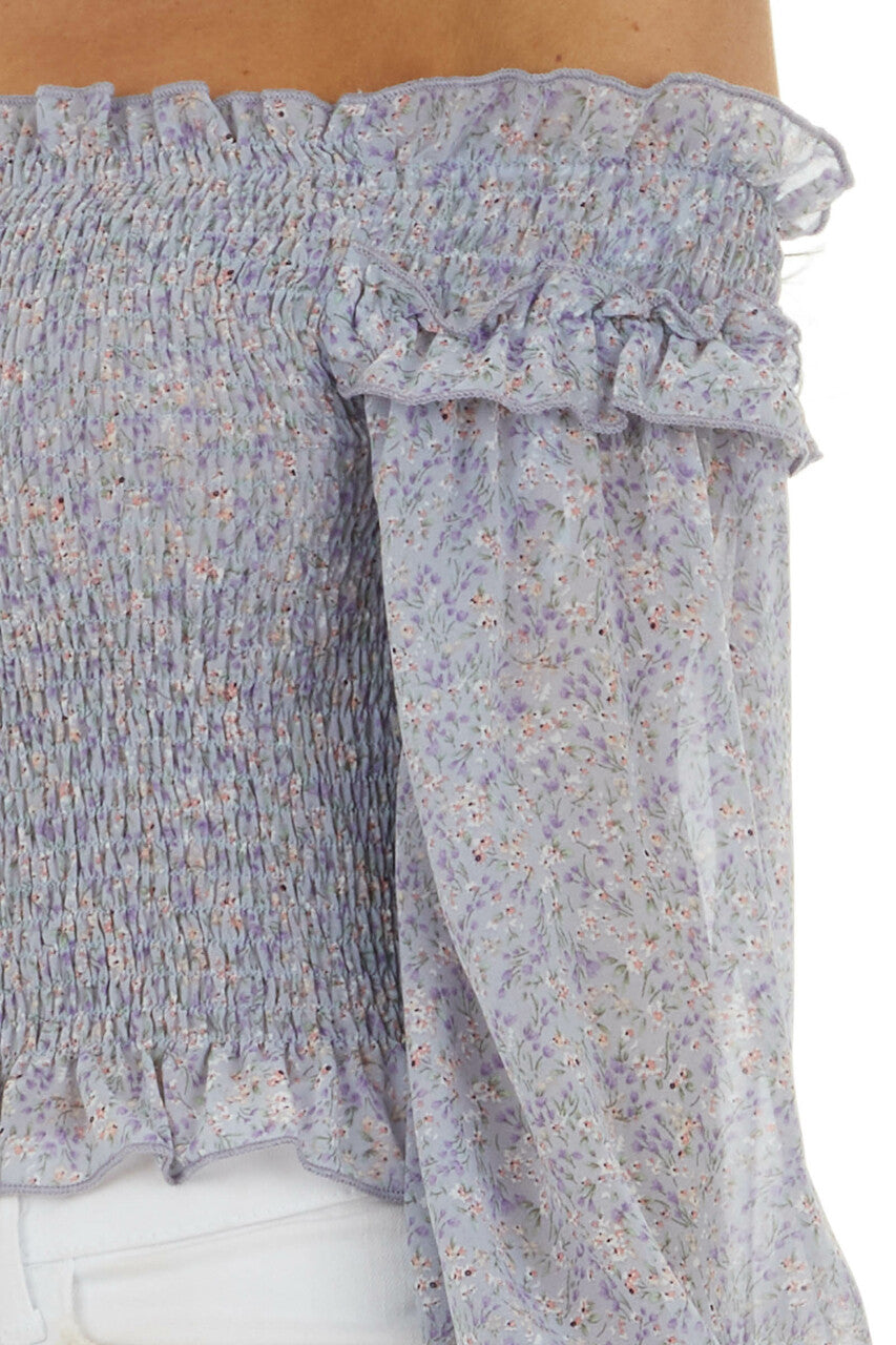 Lavender Ditsy Floral Off Shoulder 3/4 Sleeve Smocked Top 