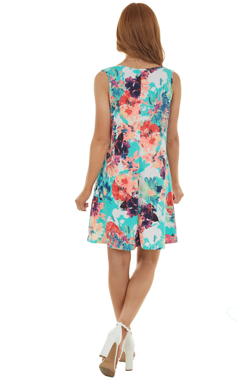 Seafoam Neon Floral Sleeveless Swing Dress 