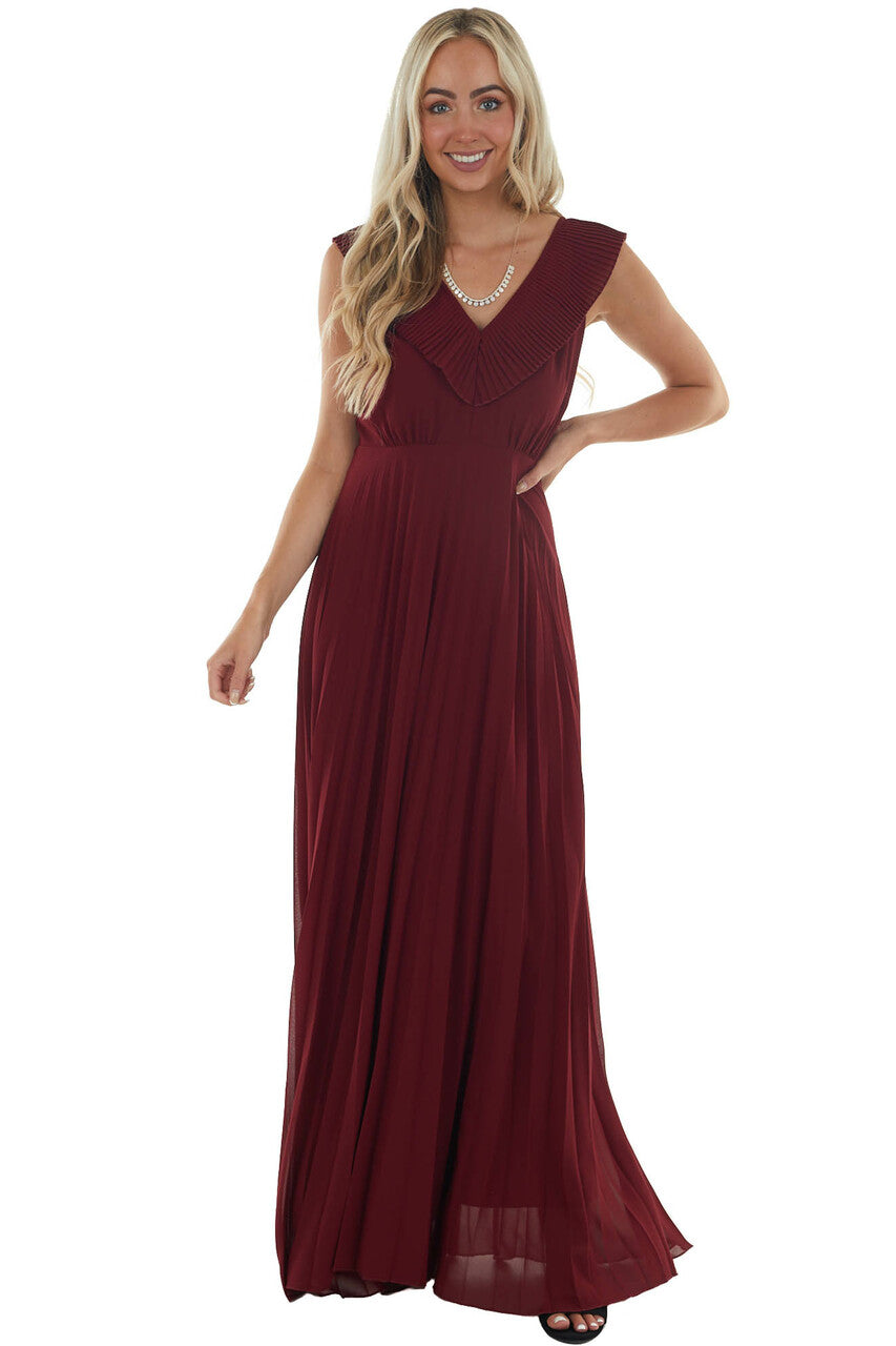 Wine Open Back Pleated Sleeveless Maxi Dress