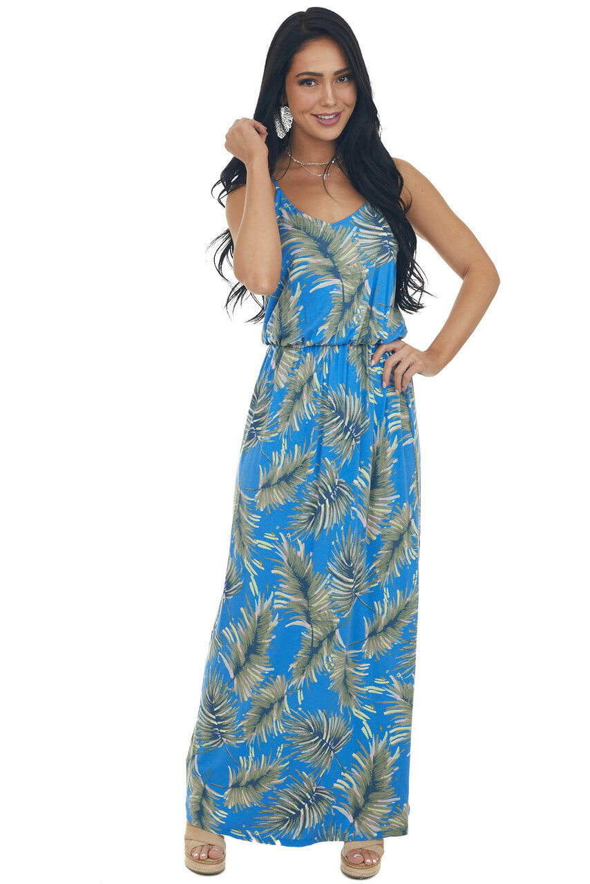 Cobalt Blue Leaf Print Maxi Dress with Straps