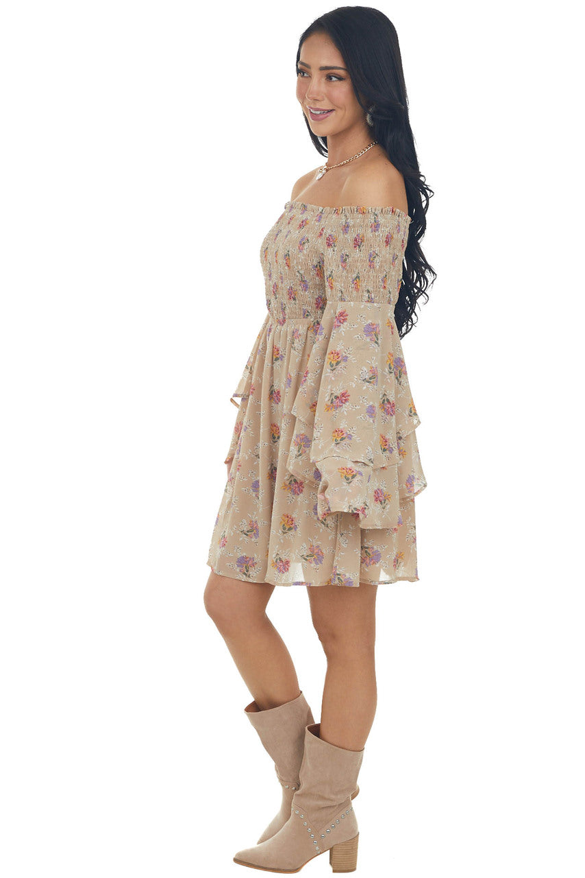 Latte Floral Print Long Sleeve Off the Shoulder Dress