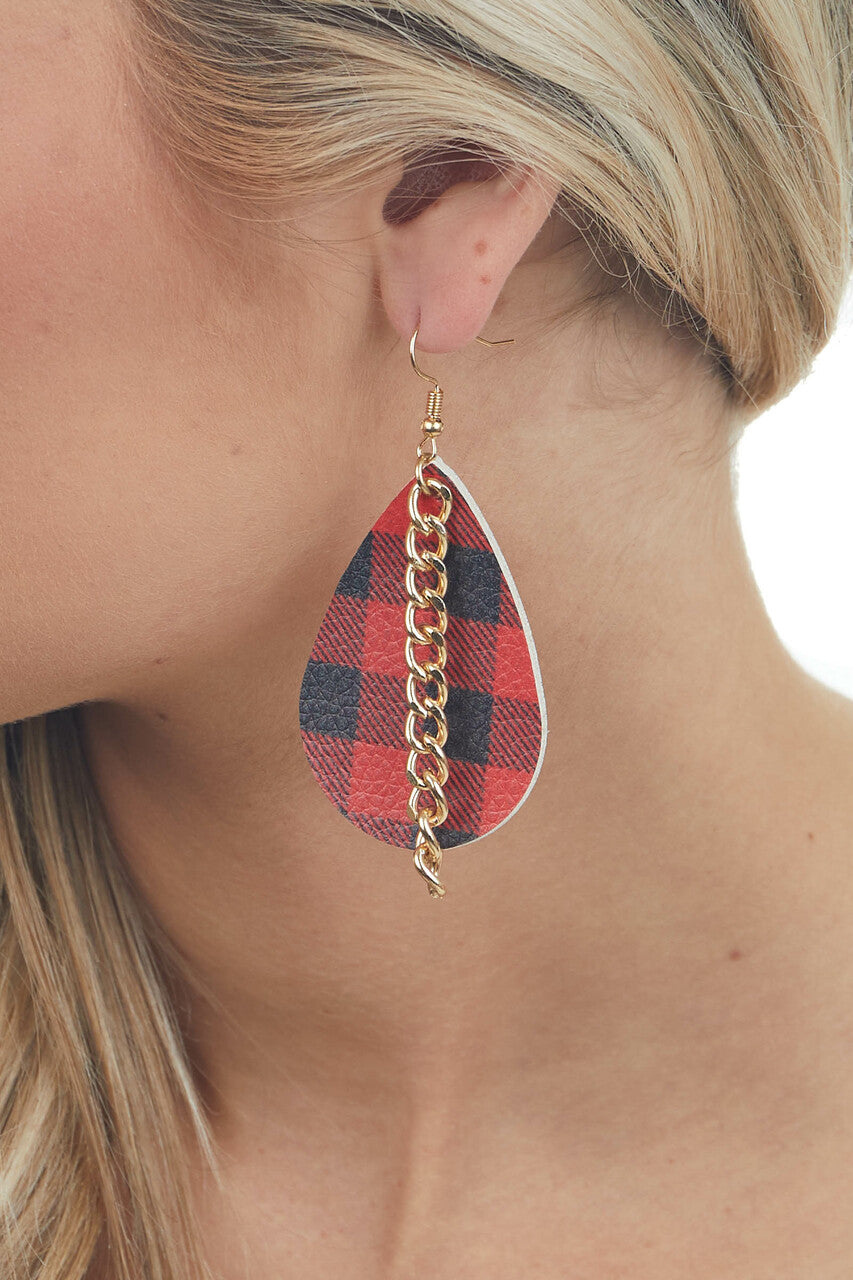 Pomegranate Plaid Teardrop Earrings with Chain 