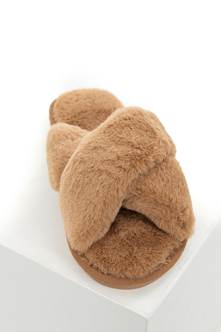 Camel Super Soft Fuzzy Slippers with Criss Cross Straps