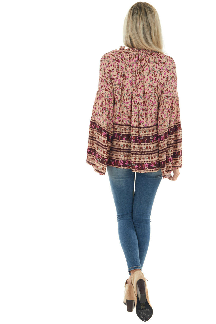 Beige Printed Bell Sleeve Top with Tassel Tie