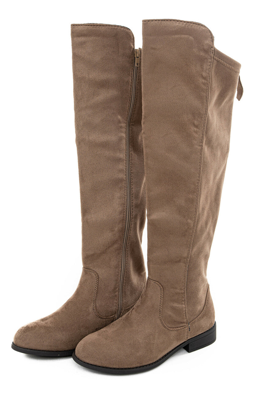Taupe Faux Suede Knee High Zip Up Boots with Rounded Toe 