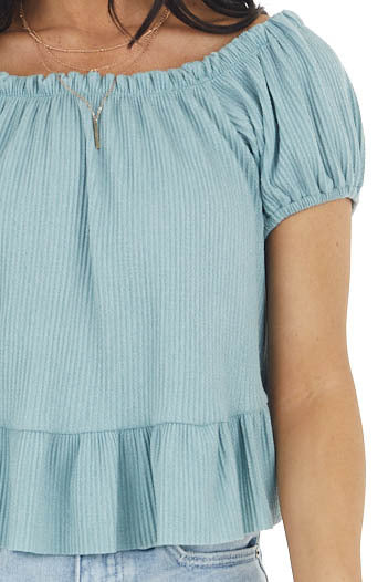 Sage Boat Neckline Ribbed Knit Crop Top with Ruffles