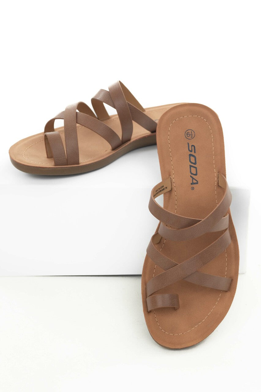Sepia Open Toe Leather Strappy Flat Sandals 