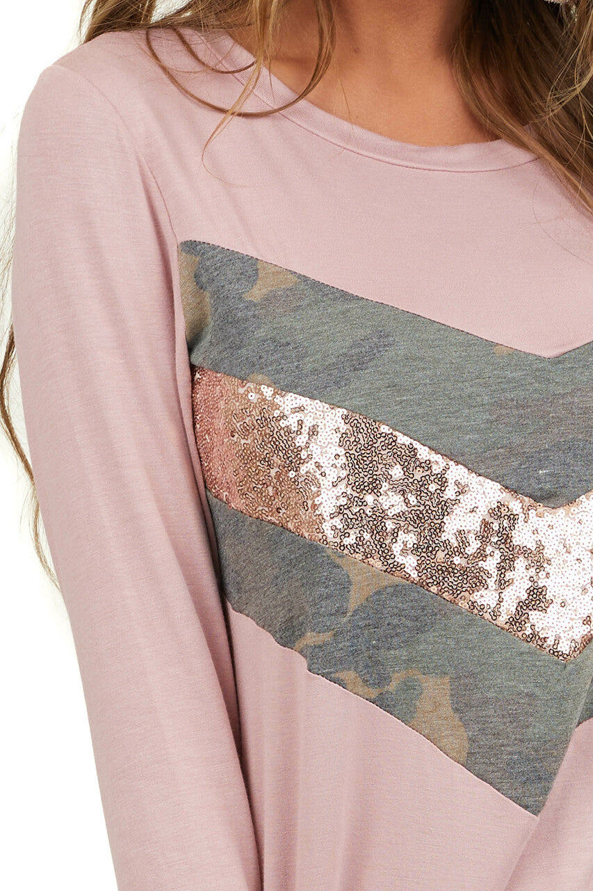 Dusty Blush Long Sleeve Top with Sequin and Camo Details 
